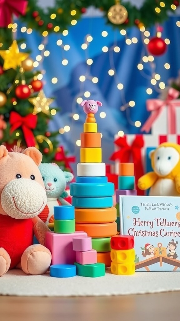 A collection of Christmas gifts for an 8-month-old girl, featuring plush toys, stacking blocks, and colorful books.